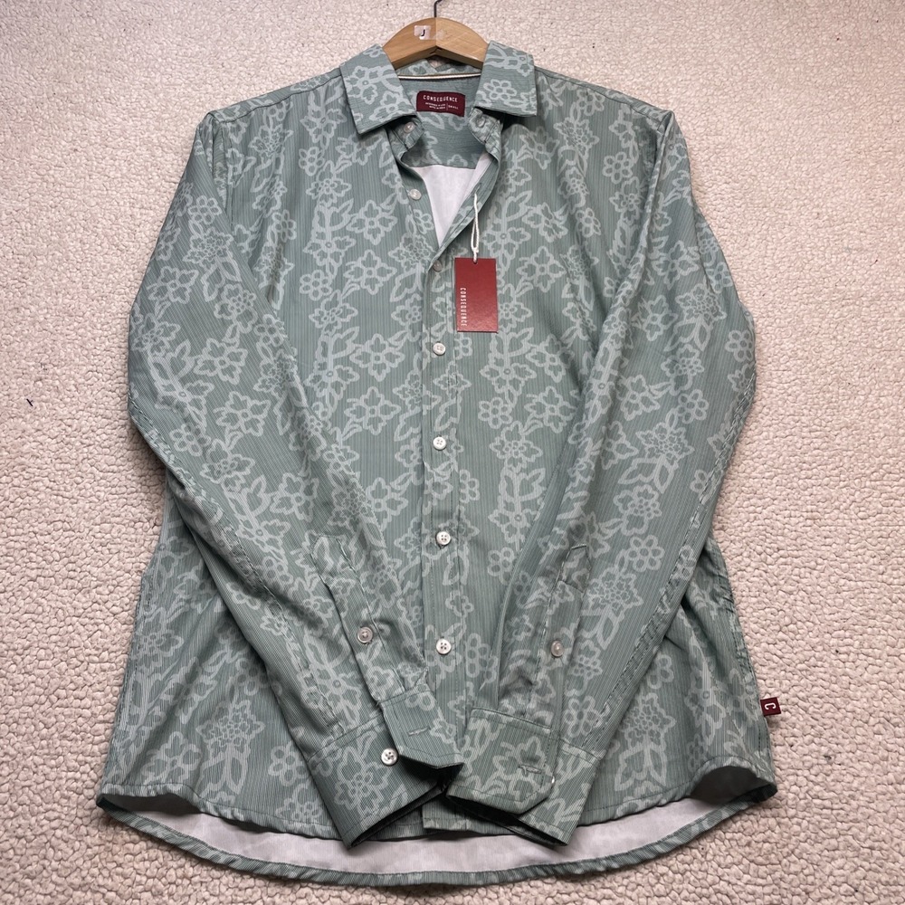 Consequence Button Up Shirt Mens‎ Small Green Floral Stripe Long Sleeve NWT